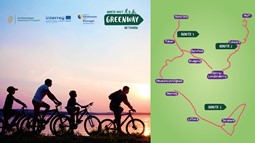 two men and two boys cycling at sunset along the foyle greenway with a graphic of a map of the north west greenway network to the right